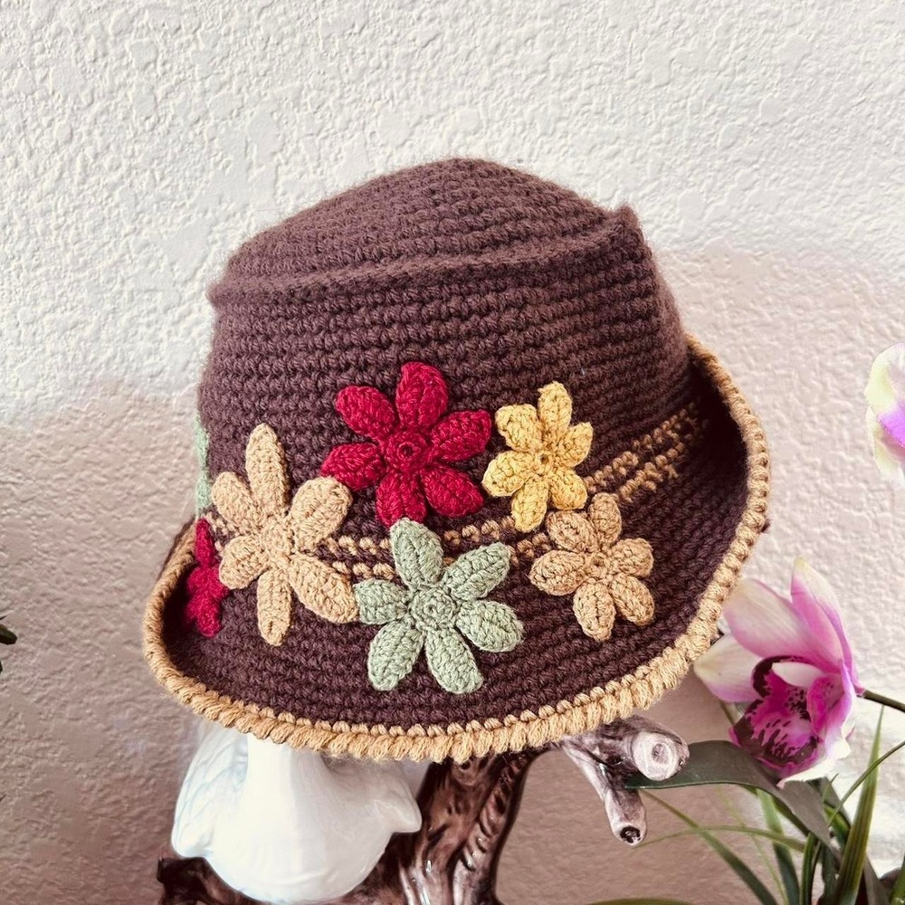 Unbranded Crochet Bucket Hat Women OS Brown Floral Boho Cottagecore 3D Flower - Picture 2 of 7